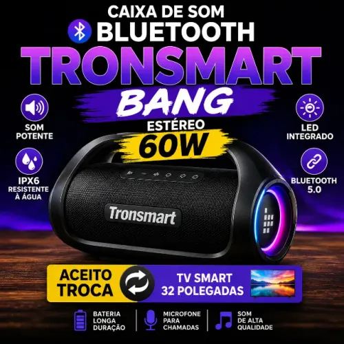 Caixa De Som Bluetooth Tronsmart Bang Stéreo 60w LED Ipx6 Aceito Troca TV SMART