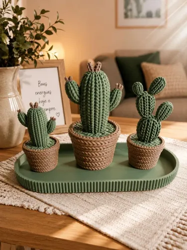 Trio de Vasinhos de Cactos Decorativos em Impressão 3D
