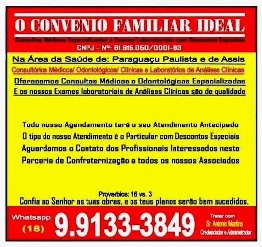 O Convenio Familiar Ideal esta credenciando profissionais da Saúde de Paraguaçu e Assis