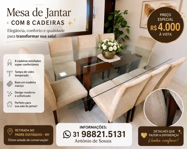 Mesa de vidro com 8 cadeiras