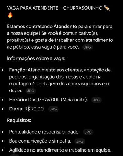 Atendente churrasquinho que more no novo aldeído ou cidade de Deus