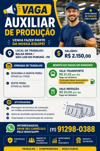 OPORTUNIDADE DE EMPREGO - AUXILIAR DE PRODUÇÃO