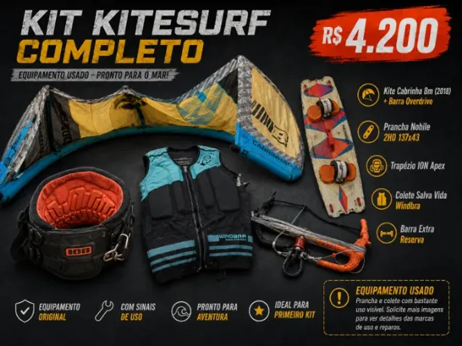 Kit Kitesurf Completo: Kite Cabrinha 8m (2018) + Barra + Prancha Nobile 2HD + Trapézio ION