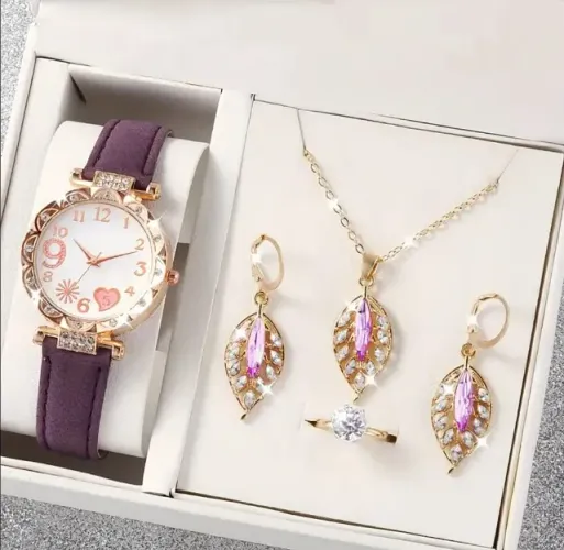 Kit Relógio Escha Quartzo Cromado + Joias Folhas de Diamante Elegante Luxo Roxo Fashion