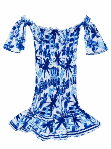 Vestido feminino estampado azul e branco