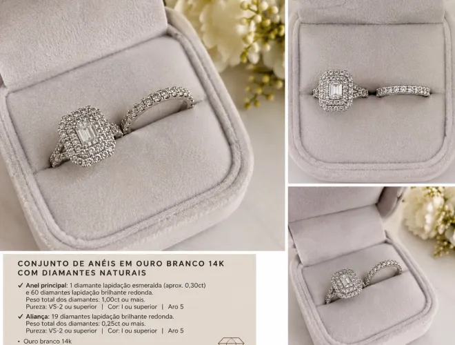 Anel de Noivado + Aliança Ouro Branco 14K Diamantes Naturais 1,25 ct 