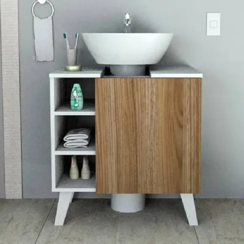 Balcão Gabinete Para Banheiro, 1 Porta 3 Nichos, 60 cm, Branco e Castanho