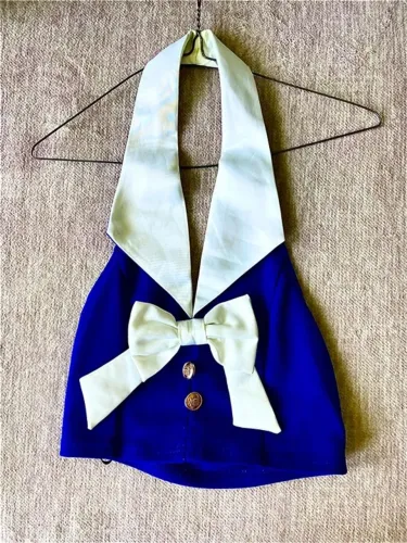 Blusa azul royal e branco, costas nuas. Tamanho m