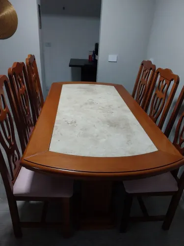 Conjunto de Mesa 6 lugares com Balcão Madeira Maciça e Mármore Travertino