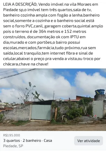 Vendo imóvel ou troco por chácara em Piedade sp!