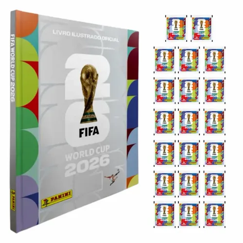 Kit Álbum Capa Dura Prata Copa 2026 + 20 Pacotinhos de figurinha