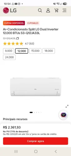 Ar condicionado LG dua inverter 12000btu - Novo