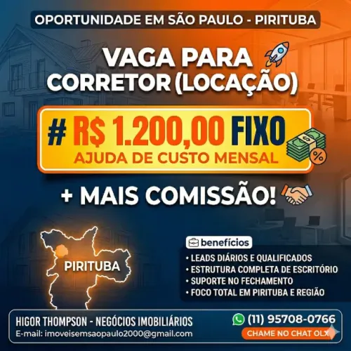  Fixo + Comissão - Corretor de Imóveis (Locação) - R$ 1.200,00 