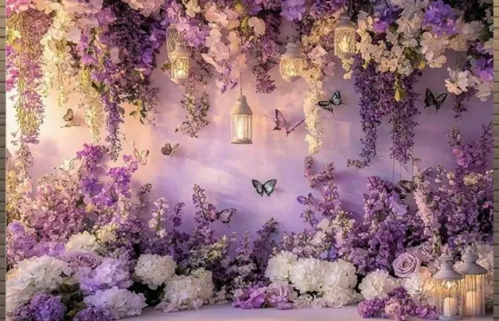 Aluguel de cortina de tecido tema jardim floral lilás