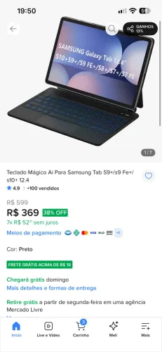 Teclado Mágico Ai Para Samsung 12.4 Tab S9+/s9 Fe+/s10 Preto
