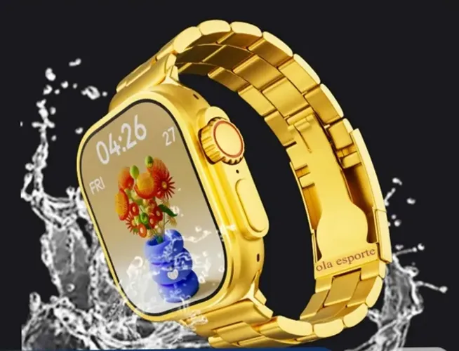 Relógio Smartwatch 9 Ultra Gold A Prova D'água com duas pulseiras e várias funções
