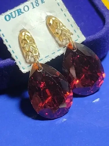 Par Brincos Ouro 18 Kilates Gota Zircônias 18 mm Todo 30 mm Peso 8.80 Gramas 