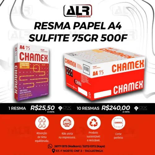 RESMA DE PAPEL A4 CHAMEX PACOTE 500 FOLHAS SULFITE