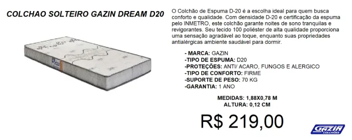 Colchão solteiro d20 - compre hoje e receba amanhã 