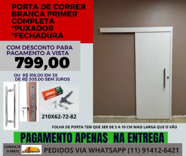 Porta de correr 2.10x82cm Batente 0,4cm Lisa Primer Uni Branco