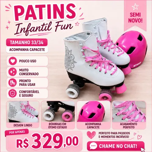 PATINS INFANTIL FUN ORIGINAL 33/34 + CAPACETE SUPER CONSERVADO