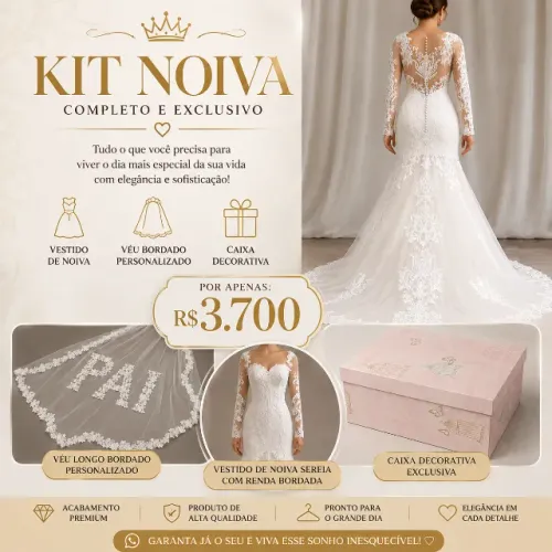 Vestido de Noiva Sereia com Manga Longa + Véu Bordado Personalizado + Caixa de Presente
