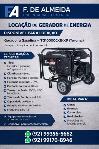 ALUGUEL - Gerador de Energia a Gasolina - TG10000CXE-XP / 4 tempos monocilíndrico
