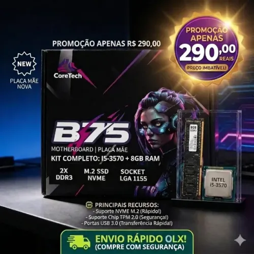 Kit Upgrade Pro: Placa Mãe B75 Nova + Intel Core i5 3570 + 8GB RAM + Suporte NVMe