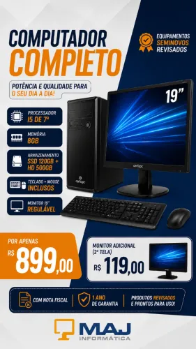 Computador Completo Core i5 7° Geração, 8GB DDR4, SSD 120GB, Monitor 19 Polegadas
