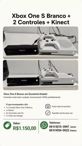 Xbox One S Branco + 2 Controles + Kinect
