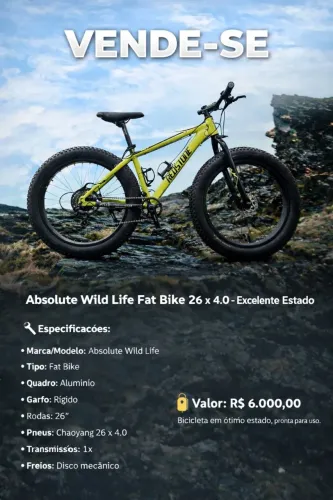 ABSOLUTE WILD LIFE FAT BIKE 26 X 4.0 (VALOR NEGOCIÁVEL) ACEITO TROCA!! ÓTIMA BICICLETA.