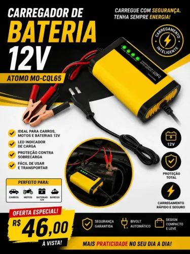Carregador de Bateria 12V Inteligente para Carro e Moto