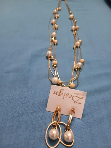 Conjunto Semijoia Feminino Colar e Brinco Pérola Dourado - Novo com Etiqueta