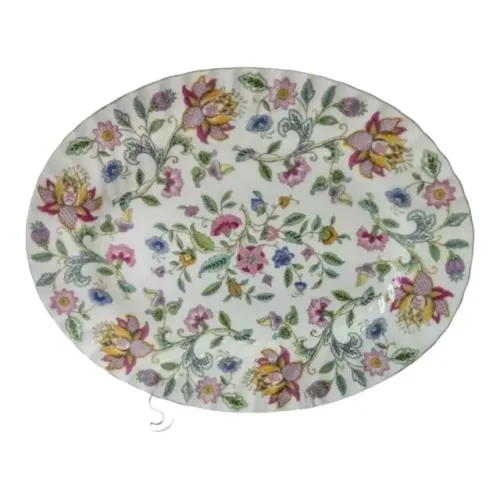 Antiga Travessa Oval Minton Haddon Hall Floral Borda Verde