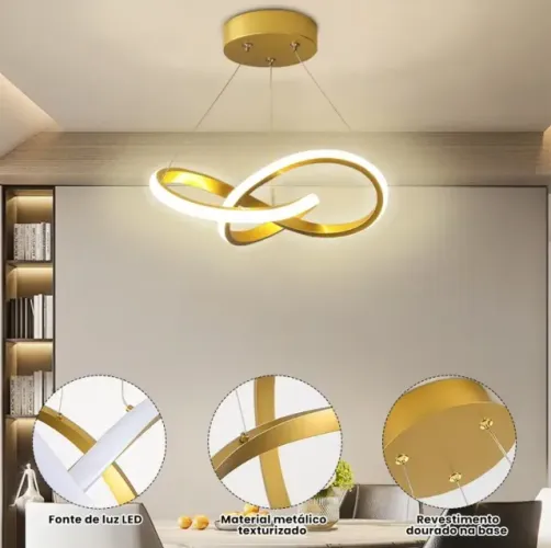 Lustre Pendente Led Moderno, Luminária de Teto 3 Em 1 Dourado - NOVA