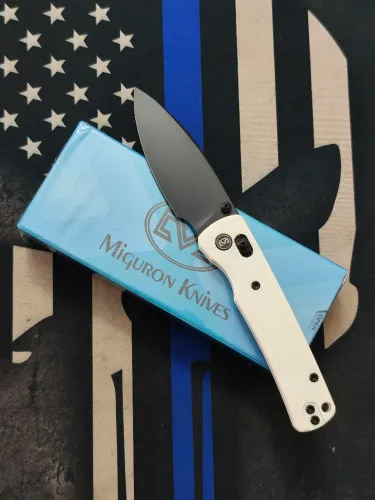 Canivete Miguron knives Valor Steel Blade 14C28N Black PVD,White G10 Cross Bar Lock
