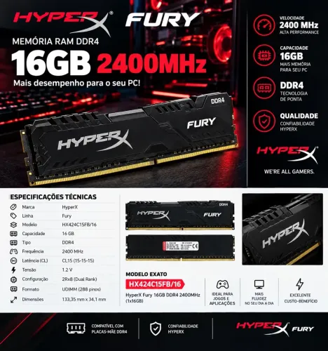 Memória RAM HyperX Fury 16GB 2400mhz