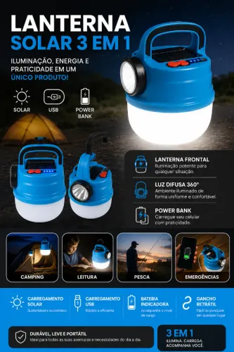 Lanterna Solar 3 em 1 Recarregável USB Power Bank LED Camping Emergência