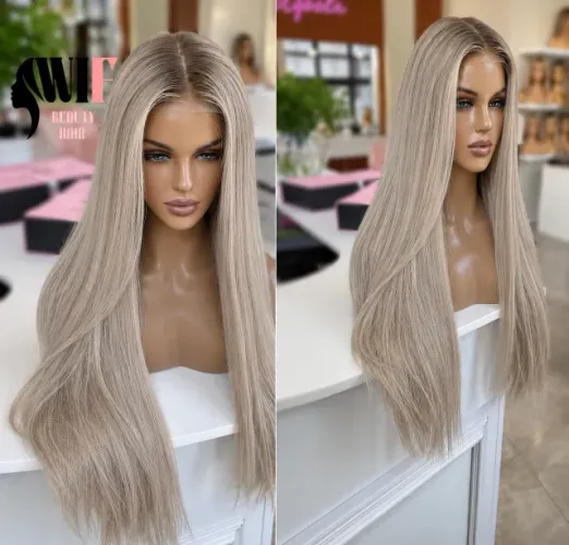 Front Lace Repartição Livre Longa Lisa Loiro acinzentado/bege frio CINZA