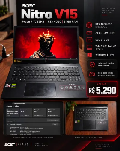 Acer Nitro V15 RTX 4050 | Ryzen 7 | 24GB DDR5 | 165Hz | Estado de Novo