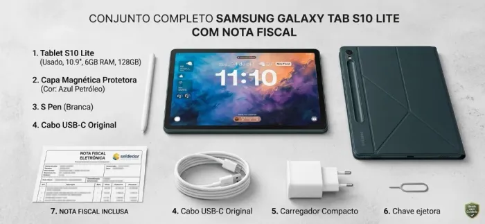 Samsung Galaxy Tab S10 Lite 128GB / 6GB RAM - Com Caneta S Pen, Capa Magnética e Nota F