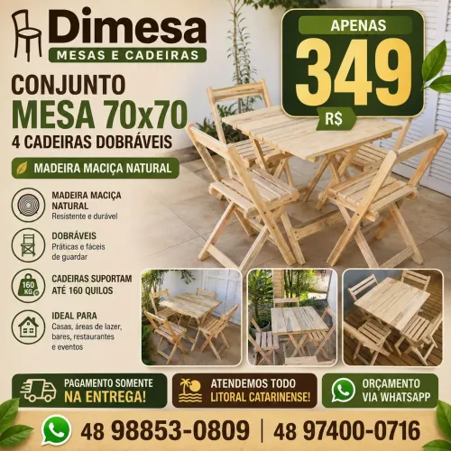 Kit mesa 70x70 com 4 cadeiras dobráveis madeira maciça sem verniz