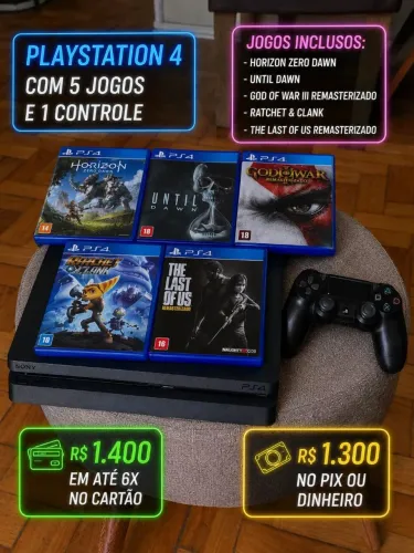 PlayStation 4 com 5 jogos e 1 controle