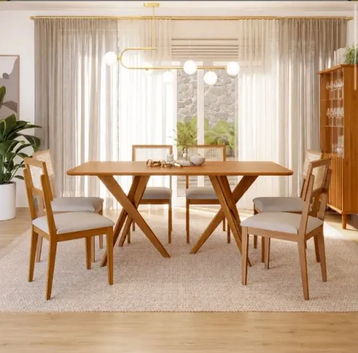 Conjunto Mesa de Jantar Montel 180 com 6 Cadeiras Linho Bege