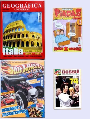 4 Revistas: Geográfica Univ, Hot Wheels, Piadas e Placar Dossiê Alemnha 74- preço unitário