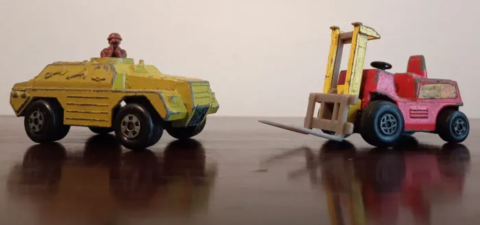 Matchbox Stoat Rola Matics 1973 Made in England; Fork Lift Truck 1972 Made in England.