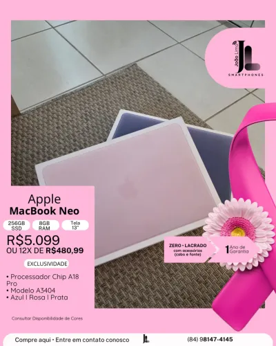 MACBOOK NEO, 256GB, 8GB RAM, TELA 13 POL., LACRADO, LANÇAMENTO!