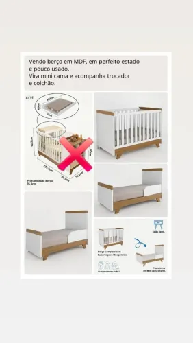 Vendo um Berço que vira mini cama 100% MDF com colchão e trocador