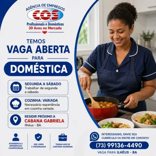 VAGA PARA EMPREGADA DOMÉSTICA ILHÉUS