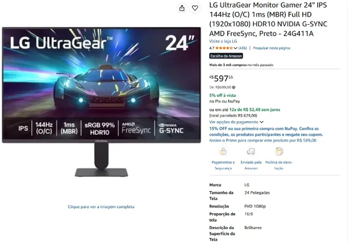 LG UltraGear Monitor Gamer 24" IPS 144Hz (O/C) 1ms (MBR) Full HD (1920x1080) HDR10 NVIDIA